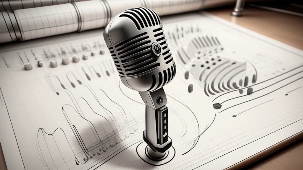 A detailed pencil sketch of a high-end vocal microphone resting on an acoustic sound-absorption panel, surrounded by faint, hand-drawn technical diagrams of audio wave patterns and interface sliders. No text, no logos.