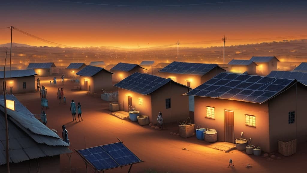 A detailed pencil sketch illustrating a vibrant rural African village at dusk. In the foreground, small solar panels are visible on rooftops of homes, some with soft lights glowing from within. In the background, a compact mini-grid station with power lines extends to a few community buildings, perhaps a school or a market stall, also illuminated. Smoke gently rises from a clean cooking stove outside one of the homes. No text, no logos.