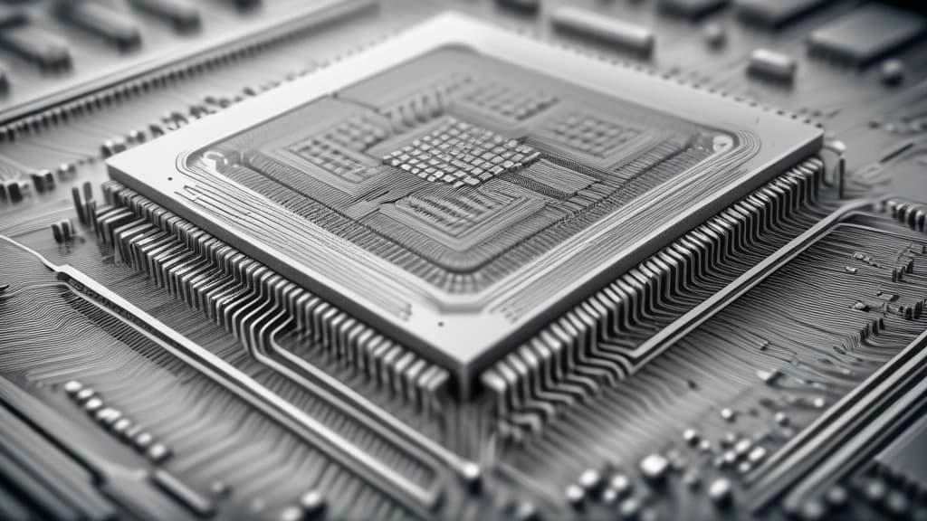 A detailed pencil sketch of stacked high-bandwidth memory silicon chips, showing intricate microscopic circuitry and technical schematic lines of semiconductor architecture. No text, no logos.