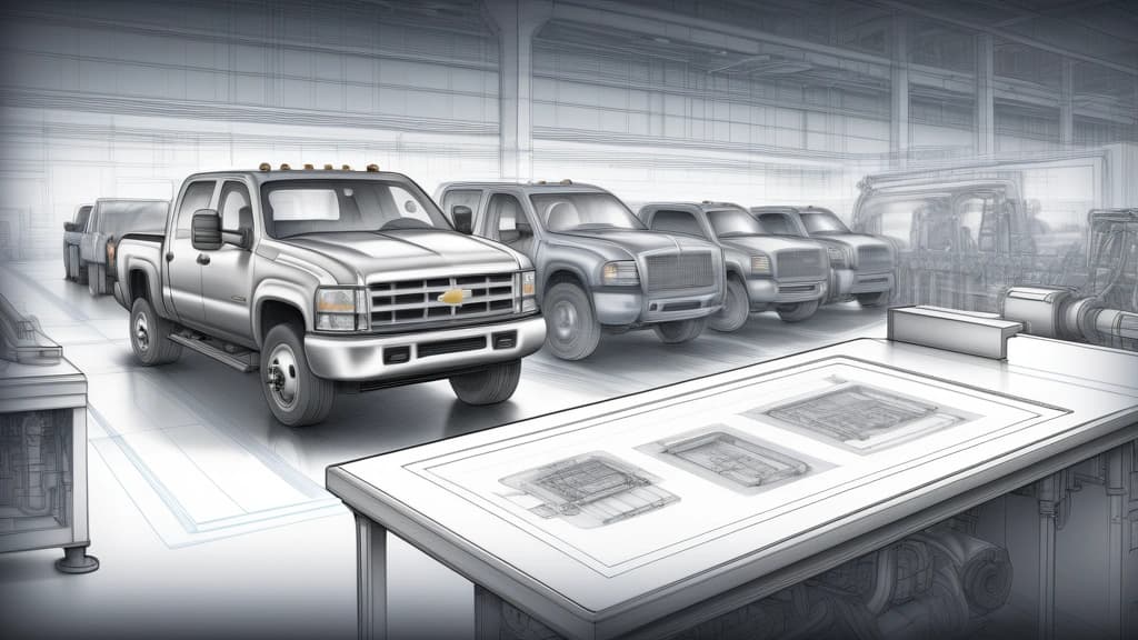 A detailed pencil sketch of an automotive assembly line, focusing on a heavy-duty truck engine compartment where a physical blueprint lies next to a digital diagnostic tablet showing error codes. No text, no logos.