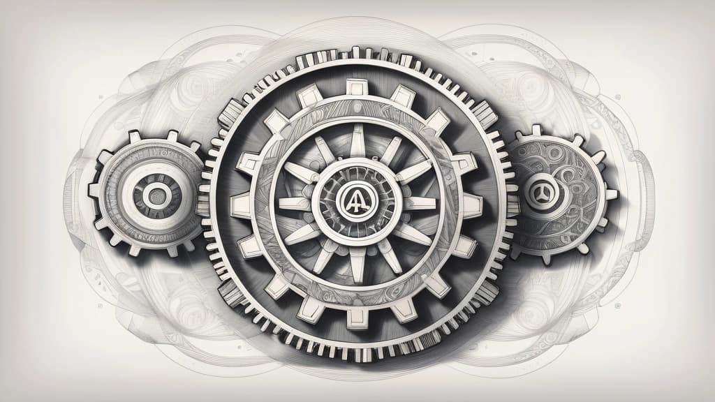 Pencil sketch of a central, intricate gear representing an AI platform. Several smaller, distinct gears, each with a unique abstract symbol (e.g., a stylized "M", a unique geometric pattern, or a cloud shape for AWS), interlock with the central gear and with each other, demonstrating complex collaboration and integration. No text, no logos.