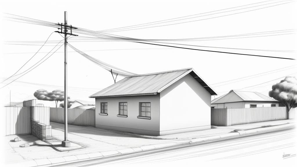 A pencil sketch illustrating an aerial fiber optic cable extending from a newly installed utility pole, connecting directly to a modest home in a vibrant South African township. No text, no logos.