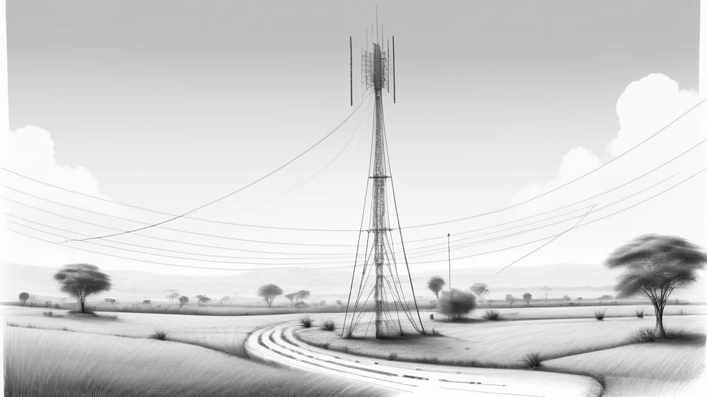 Pencil sketch illustrating a tall, modern telecommunications mast in a rural African landscape, with subtle, interwoven lines representing digital data streams connecting to smaller, community-level antennas. The base of the mast is surrounded by abstract legal documents or policy papers, suggesting foundational regulatory frameworks. No text, no logos.