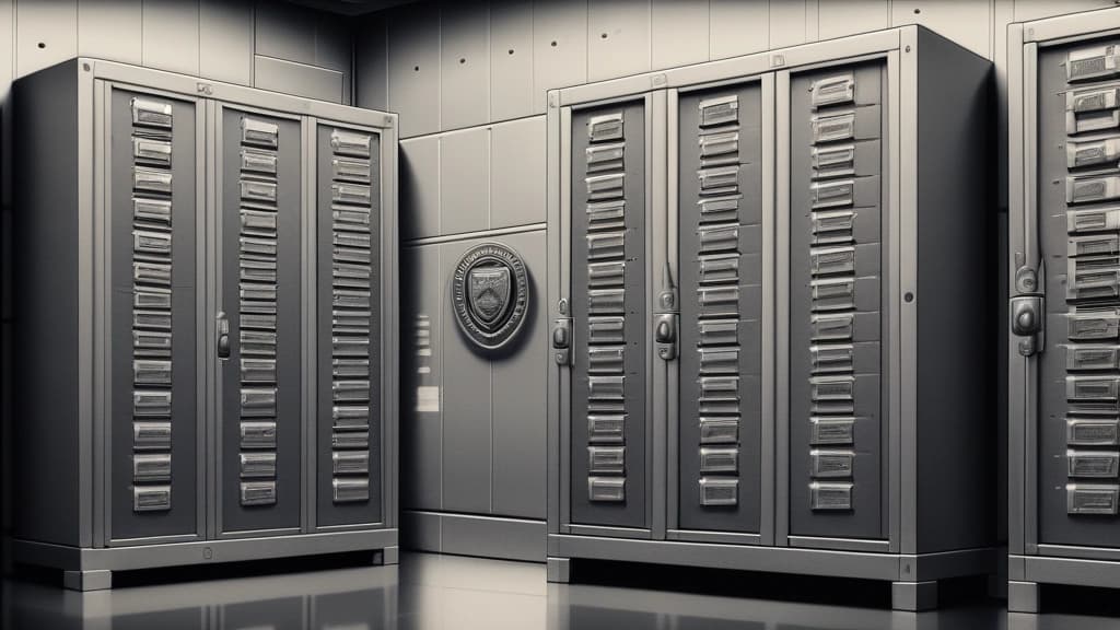 A detailed pencil sketch of a heavy metal server rack containing storage drives, with one drive bay featuring an official wax seal of a regulatory commission and an adjacent bay displaying a classic American football helmet. No text, no logos.