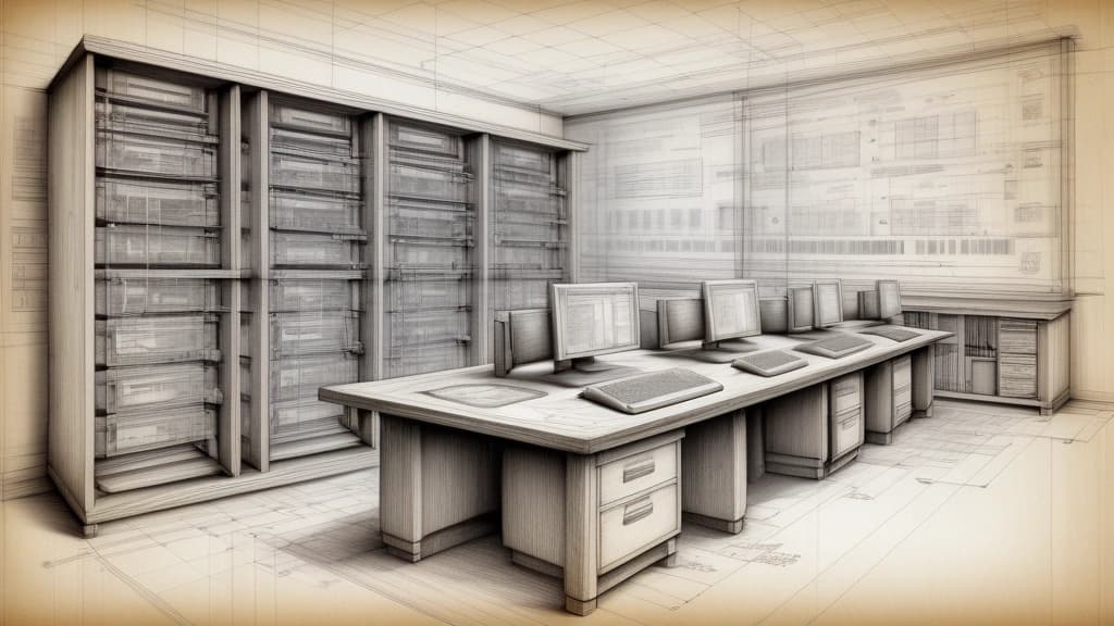 A detailed pencil sketch illustrating a conceptual architectural blueprint of a software application, showing interconnected layers with hand-drawn database schemas, server racks, and wireframe user interfaces overlapping on a wooden drafting table. No text, no logos.