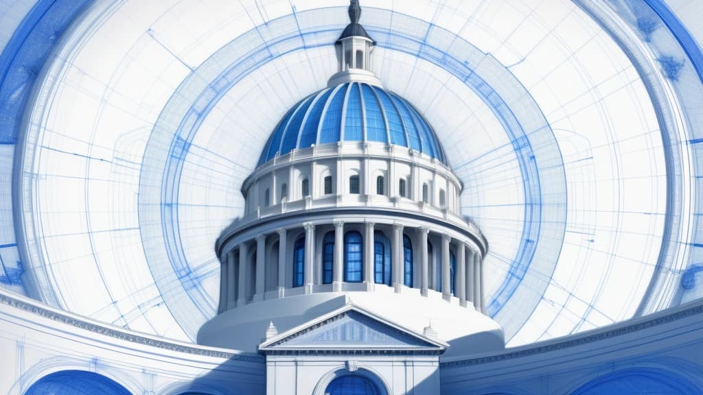 A detailed pencil sketch of the California State Capitol dome in Sacramento, partially overlaid with a blueprint pattern of abstract digital nodes and network lines connecting the building to a stylized shield. No text, no logos.