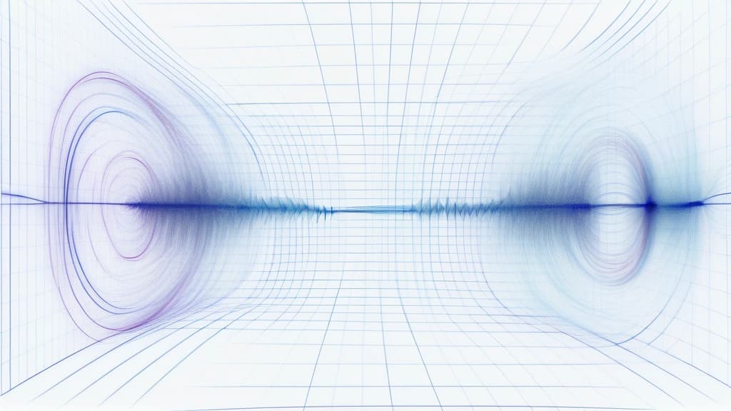 A detailed pencil sketch of magnetic confinement lines and particle density waves in a plasma physics simulation, with faint mathematical functions and coordinate grids overlaid on the sketch. No text, no logos.