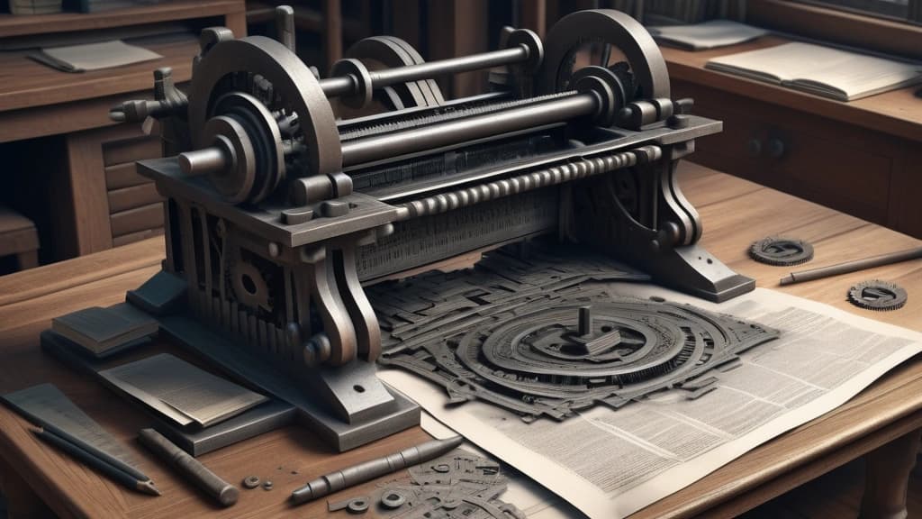 A detailed pencil sketch of an antique cast-iron printing press physically breaking apart, with its metal gears and levers dissolving into digital binary code that floats over a printed copy of a business newspaper laid out on a wooden editor's desk. No text, no logos.