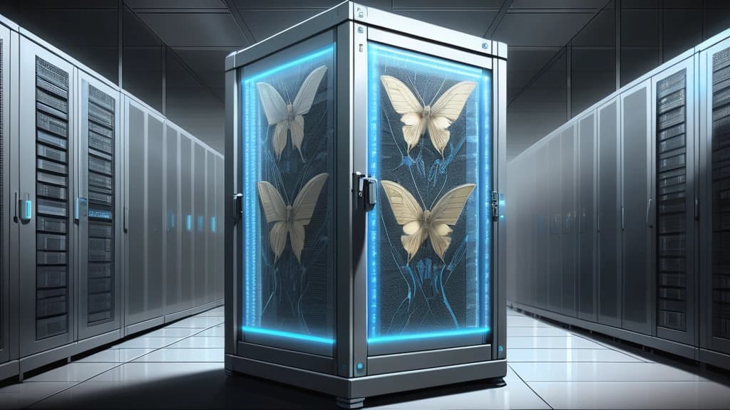 A detailed pencil sketch of a secure server rack in a federal facility, with one server glowing faintly with a glasswing butterfly motif engraved on its metal casing, surrounded by official government documents and a scale of justice. No text, no logos.