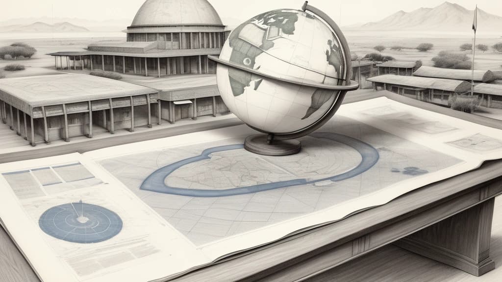 A detailed pencil sketch depicting a large wooden table covered with architectural blueprints of African transport infrastructure, agricultural maps of Morocco, and official documents bearing the year 1986, with a classic globe highlighting the Global South in the background. No text, no logos.