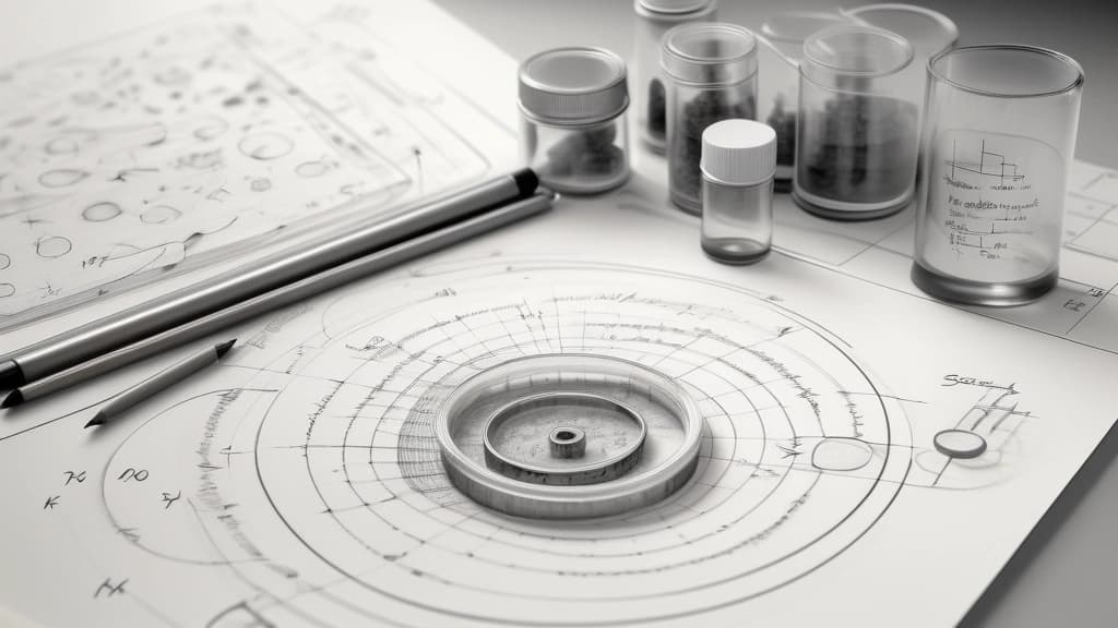 A detailed pencil sketch illustrating a laboratory workbench where a physical petri dish and a biological molecular model of a protein are positioned next to a printed, complex mathematical equation representing cosmological Boltzmann solver pathways. No text, no logos.