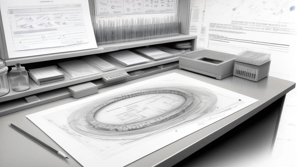 A detailed pencil sketch of a laboratory workbench showing a physical petri dish and a sequence of single-cell RNA strands morphing into structured digital data streams, with a printed research protocol sheet resting nearby. No text, no logos.