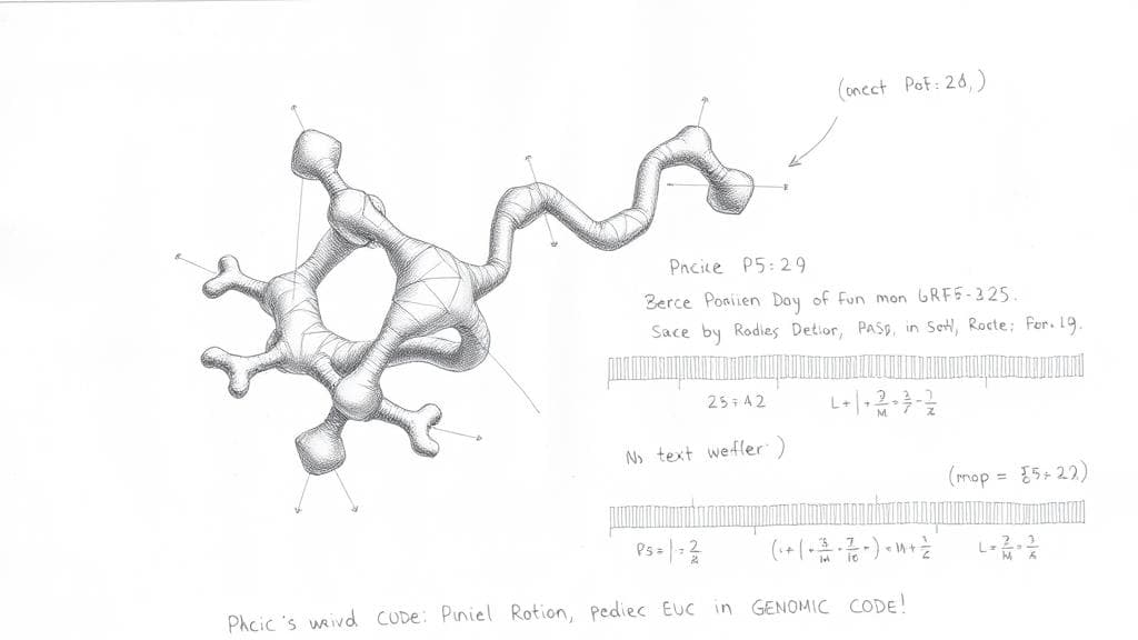 A detailed pencil sketch of a complex, three-dimensional protein structure alongside a sequence of genomic code, rendered as if on a laboratory blueprint paper with hand-drawn annotations and mathematical formulas in the margins. No text, no logos.