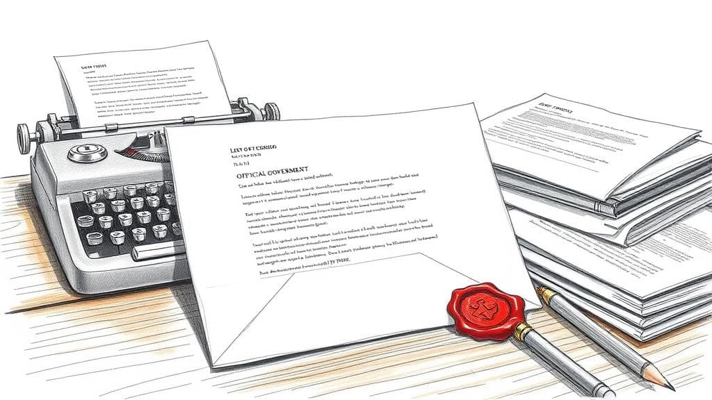 A detailed pencil sketch of an official government letter bearing a red wax seal, resting on a wooden desk next to a mechanical typewriter and a stack of redacted technical documents. No text, no logos.