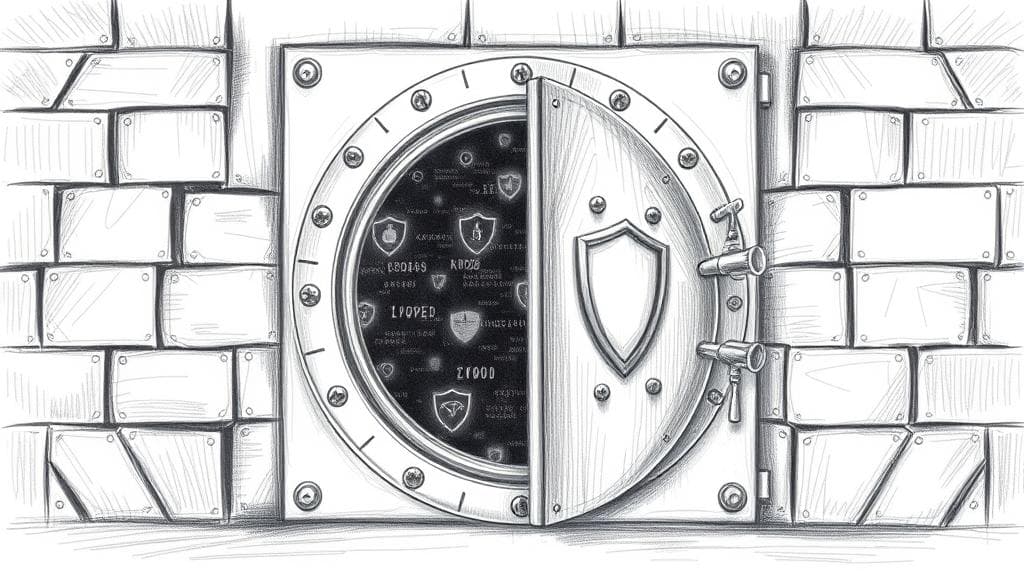 A detailed pencil sketch illustrating a heavy metal vault door slightly ajar, with digital code streams and shield patterns glowing softly from the opening. No text, no logos.