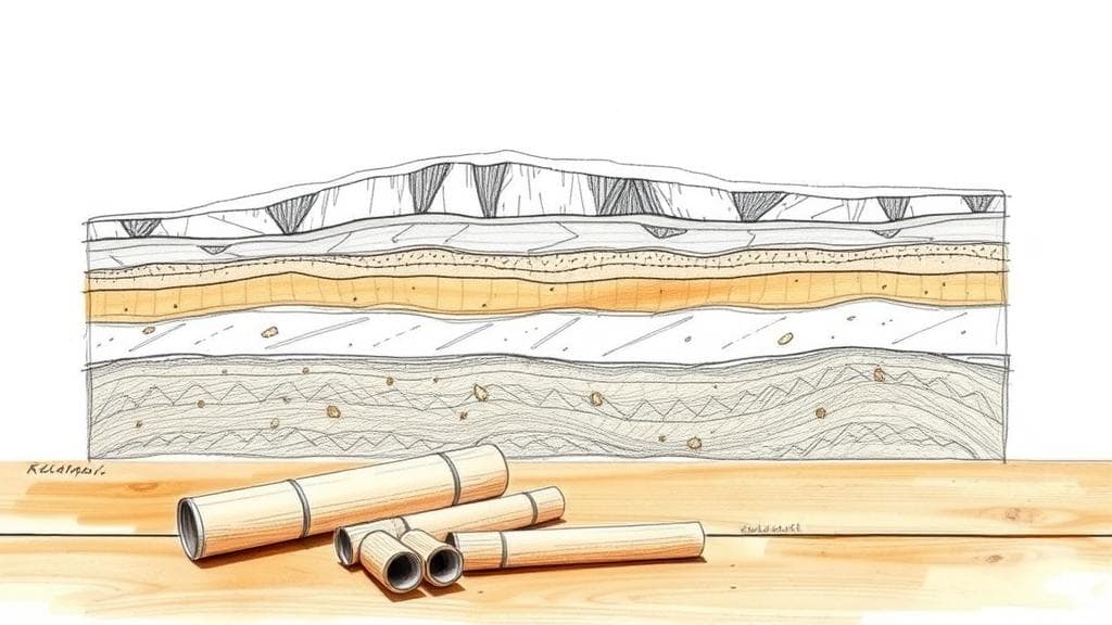 A detailed pencil sketch of a geological cross-section of the Kalahari desert, revealing shallow, layered rock formations containing copper and rare-earth minerals just beneath the sandy surface, with several cylindrical drill core samples resting on a wooden field table in the foreground. No text, no logos.