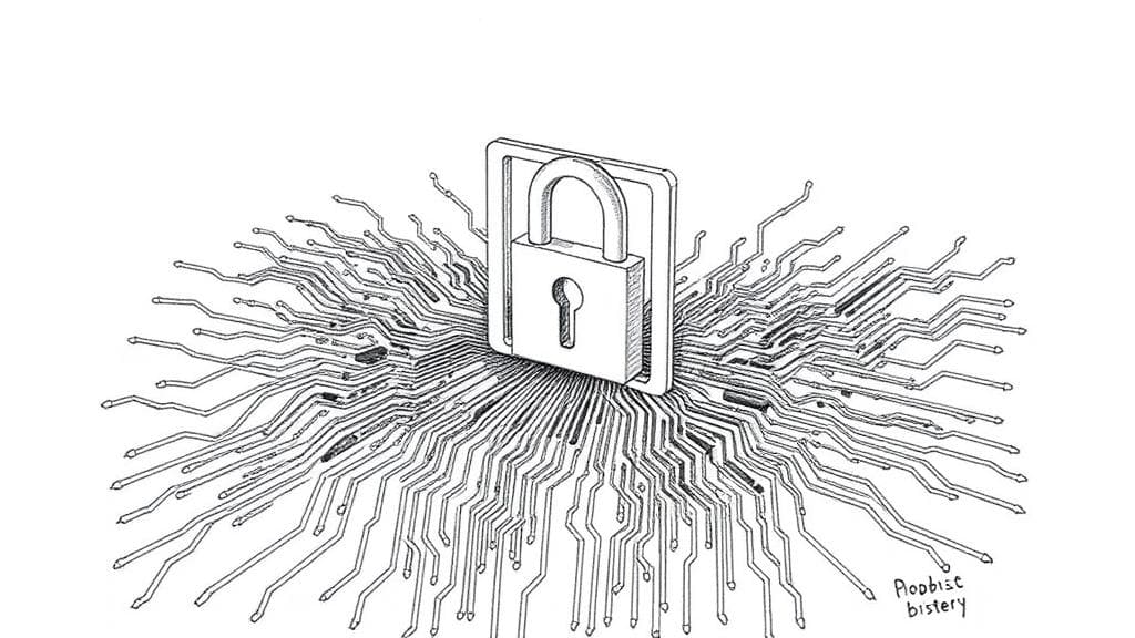 A detailed pencil sketch illustrating a digital gateway or a metaphorical "lock" being removed from an intricate circuit board, with faint lines extending outwards, suggesting global digital connectivity. No text, no logos.
