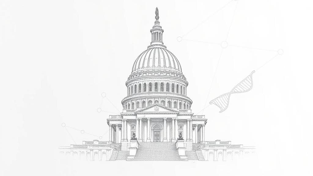 Pencil sketch of the California State Capitol dome subtly merging with scientific laboratory equipment, like a microscope or a DNA helix, with faint digital interface lines emanating from the merger. No text, no logos.