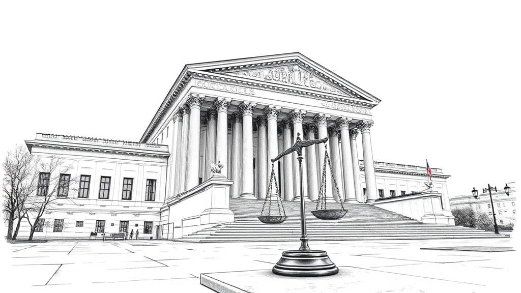 A detailed pencil sketch of the Supreme Court of the United States building, with its grand marble columns and steps partially shadowed by a scale of justice resting on the stone plaza, under a dramatic, overcast sky. No text, no logos.