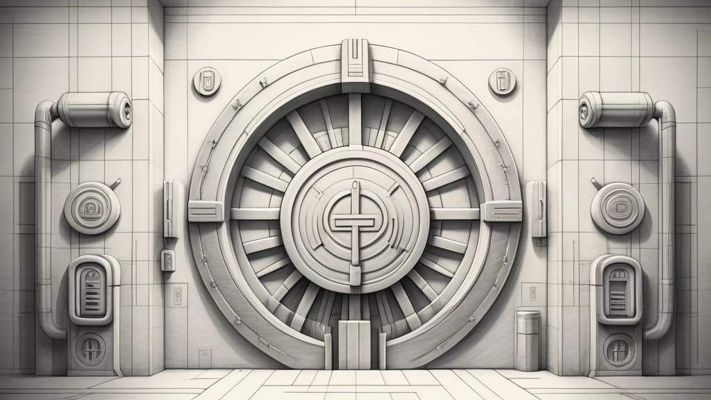 A pencil sketch depicting a massive electrical substation connected to a stylized, secure vault door bearing a Greek-inspired mythic emblem. No text, no logos.