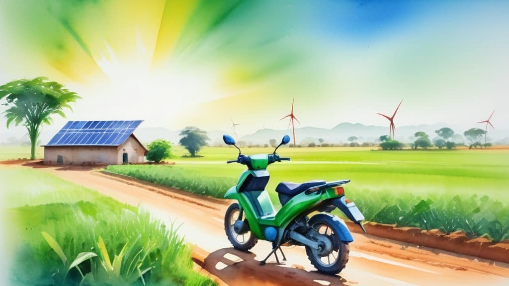 A vibrant watercolor painting depicting a lush, green agricultural field in Africa with a modern clean-energy electric motorcycle parked beside a solar-powered irrigation pump, under a bright and hopeful morning sky. No text, no logos.