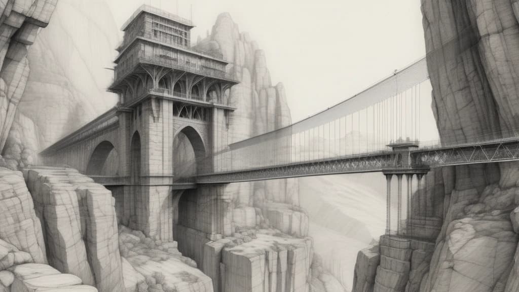 A detailed pencil sketch depicting a complex suspension bridge under construction, spanning a wide chasm to connect two massive stone towers. Fine lines and technical schematics overlay the sketch, showing small mechanical gears and geometric nodes aligning perfectly along the bridge's path. No text, no logos.