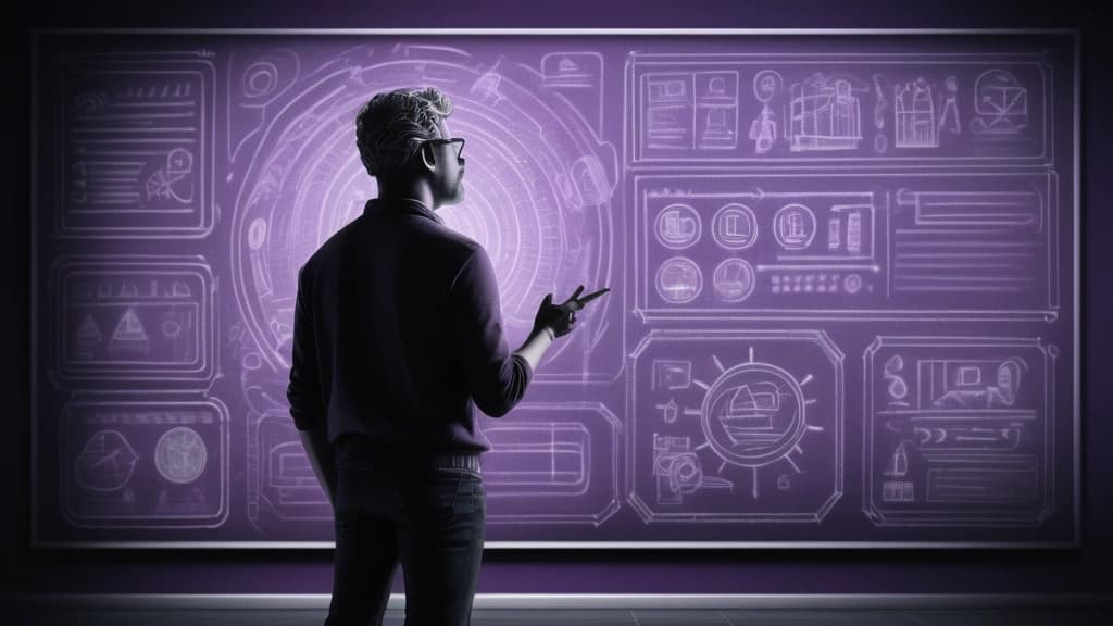 An editorial ink sketch illustrating the concept of critical thinking in a digital landscape. A thoughtful human figure stands before a massive chalkboard covered in intricate white and violet chalk diagrams, showing icons of megaphones, robot heads, and human profiles with question marks. The style is serious, intellectual, and analytical, with deep cross-hatching, fine line work, and a dark slate background. No text, no logos, cinematic composition.