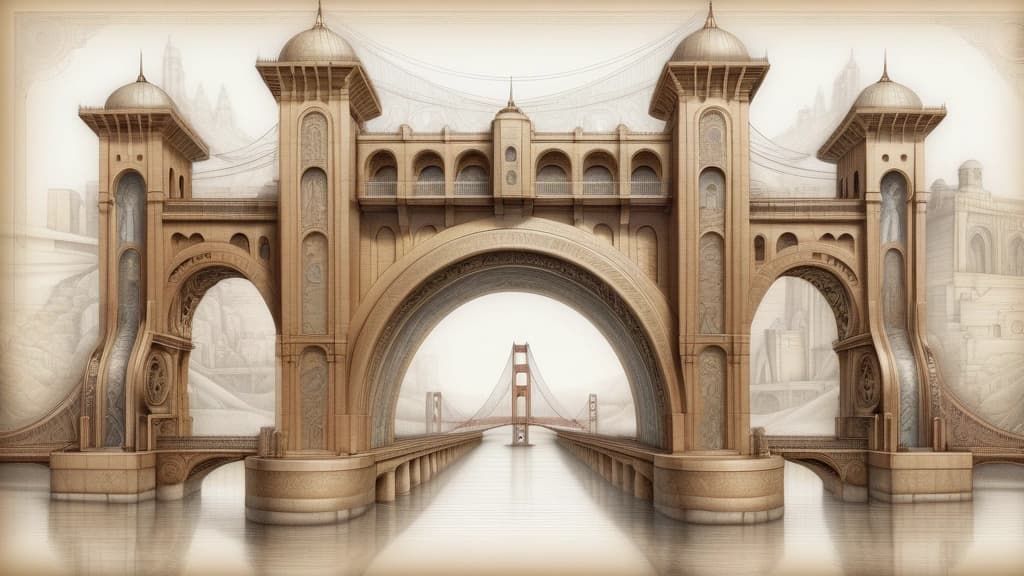 A detailed pencil sketch of a physical bridge connecting a traditional North African archway directly to a stylized representation of the Golden Gate Bridge, with intricate mechanical gears and digital node networks etched into the structure. No text, no logos.
