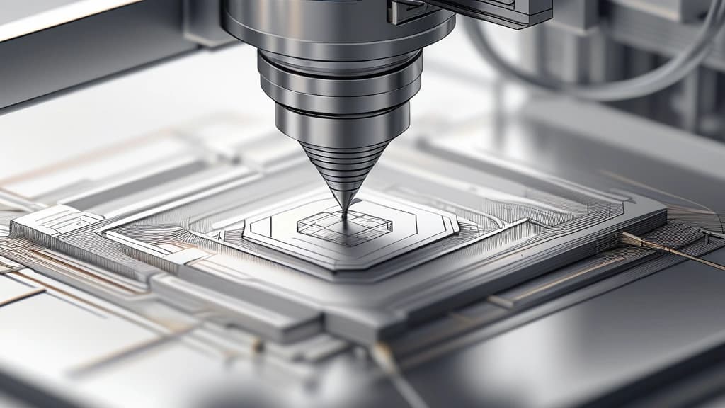 A detailed pencil sketch of a microscopic silicon wafer under production, showing the intricate geometric pathways of a two-nanometer node, with a metallic robotic arm precision-placing a tiny processor die. No text, no logos.