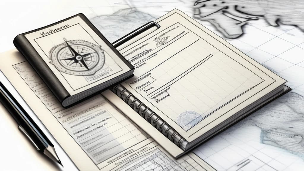 A detailed pencil sketch of an open passport showing a European visa stamp resting on top of a single-page resume with sections clearly marked for software engineering stacks, next to a map of Germany and a compass. No text, no logos.