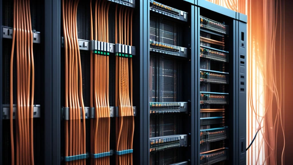 A detailed pencil sketch of a server rack with disconnected ethernet cables spilling out, one cable end frayed and exposing copper wires, set against a background of abstract digital data streams fading into shadow. No text, no logos.