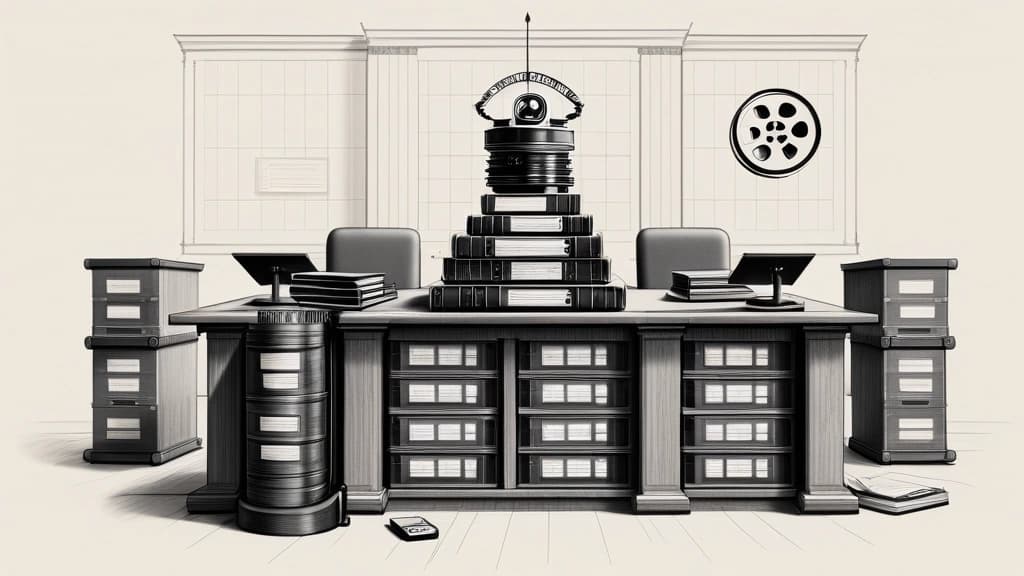 Pencil sketch of a courtroom table stacked high with film reels and digital storage drives, with a gavel resting on a document labeled with a film studio logo. No text, no logos.