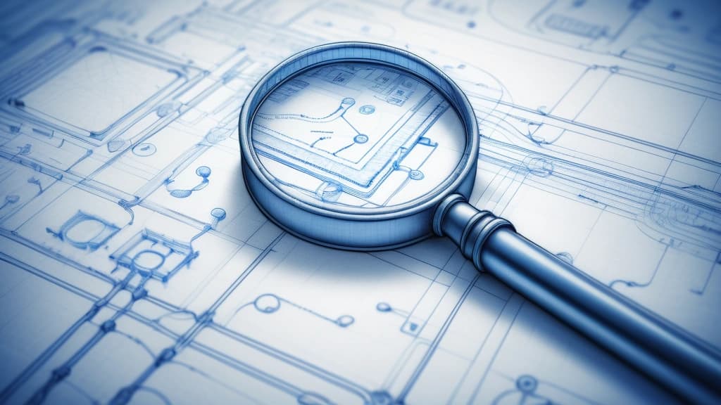 A detailed pencil sketch of an intricate software pipeline diagram on a blueprint, where a magnifying glass hovers over a section of code to reveal hidden tracking markers, data packets, and network telemetry lines routing back to a distant server. No text, no logos.