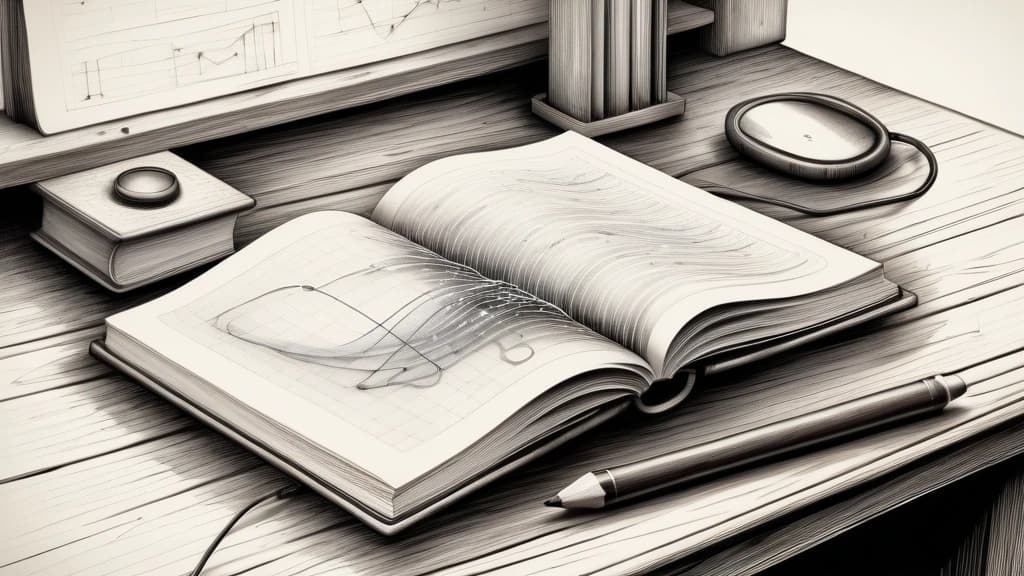 A detailed pencil sketch of an open textbook resting on a rustic wooden desk, with soft, hand-drawn network nodes and digital signal waves gently radiating from its pages toward a simple, hand-drawn smartphone displaying a chat interface. No text, no logos.