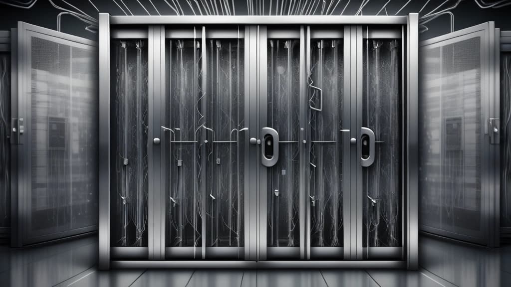 A detailed pencil sketch depicting a large, secure server rack with heavy steel padlocks on its metal doors, surrounded by abstract data streams being physically blocked and diverted away from an external cloud icon. No text, no logos.
