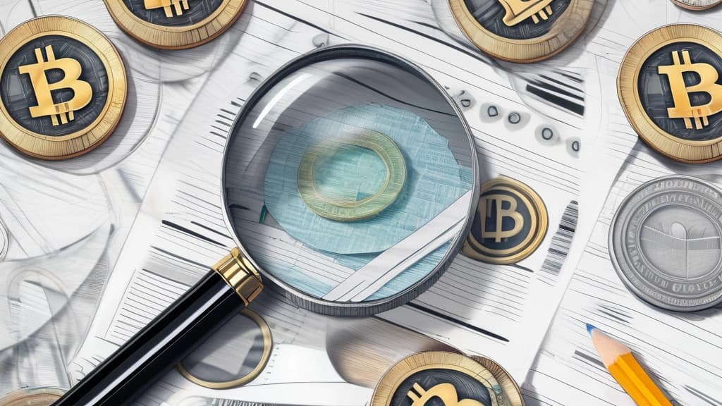 A detailed pencil sketch of a cracked magnifying glass resting on a stack of printed, distorted social media profile pages with fake verification badges and broken cryptocurrency coins scattered around. No text, no logos.