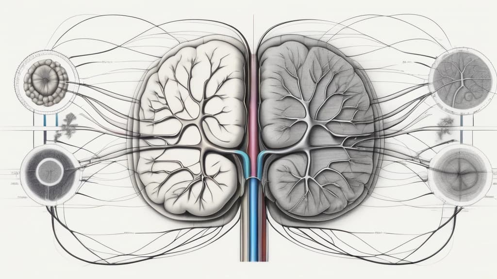A detailed pencil sketch depicting a dual-layered diagram: on one side, a cross-section of the human cerebral cortex showing neural pathways; on the other, a structured digital flowchart representing a neural network architecture, with fine lines connecting the biological and synthetic nodes. No text, no logos.