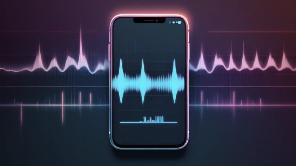 A detailed pencil sketch of an open smartphone screen displaying horizontal adjustment sliders with a stylized audio waveform graphic in the background. No text, no logos.