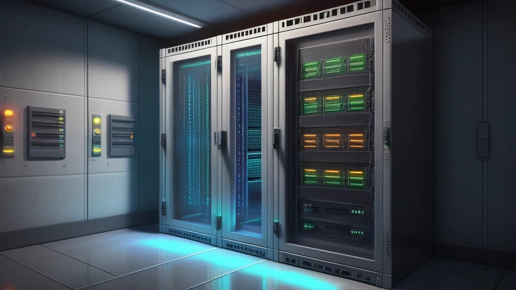 A detailed pencil sketch of a secure server rack chamber, with one cabinet door open to reveal glowing indicator lights and bundles of neatly routed cables, casting long shadows across a polished concrete floor. No text, no logos.