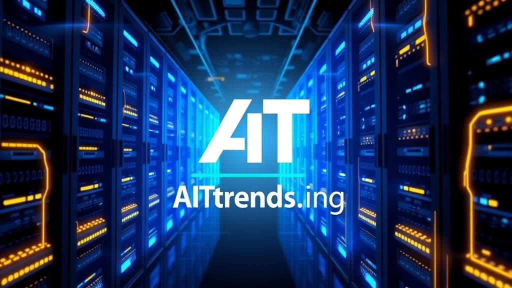 A sleek, futuristic data center with glowing electric blue servers, infused with gold circuit lines. The AITrends.ng logo is subtly integrated into the design or as a holographic element. Dark, high-tech background. Clean tech illustration style. No text in image.