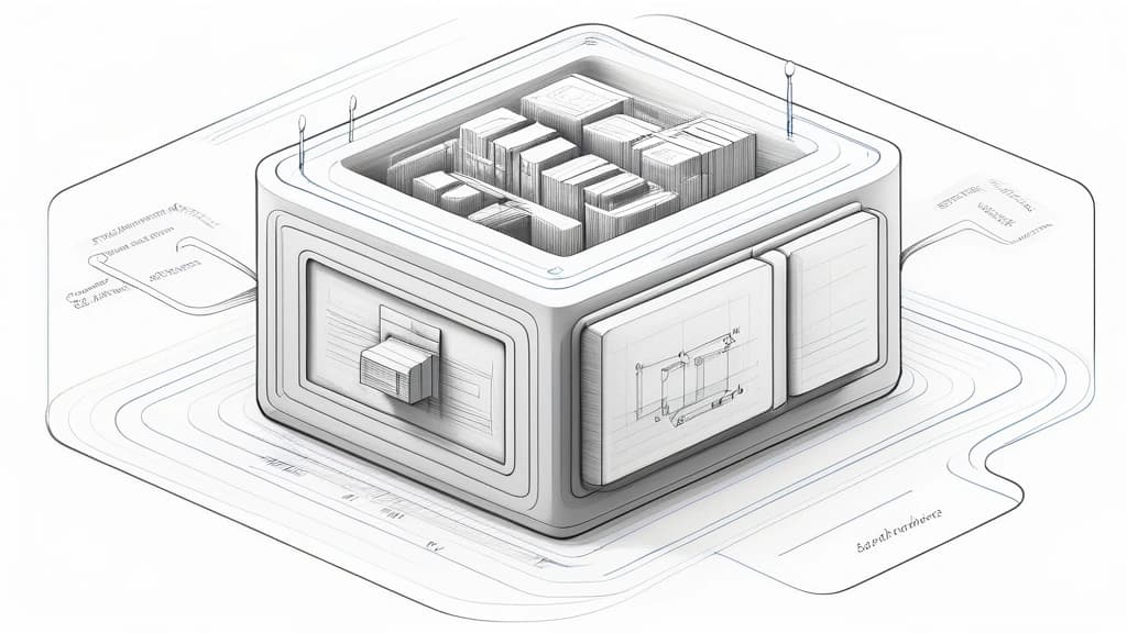 A detailed pencil sketch illustrating a schematic diagram of a virtual Linux sandbox container connected directly to a database server with arrows indicating secure, asynchronous data flow. No text, no logos.