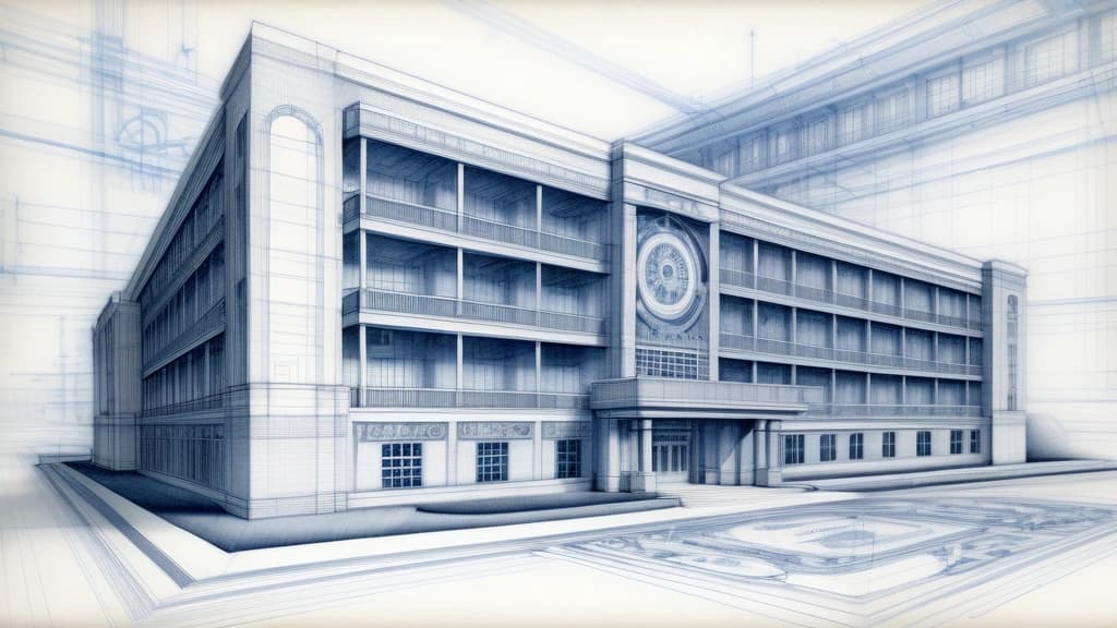 A detailed editorial pencil sketch showing a blueprint of a classic corporate headquarters building, where complex mechanical gears and electronic circuit patterns are hand-drawn directly into the architectural lines of the foundation. No text, no logos.