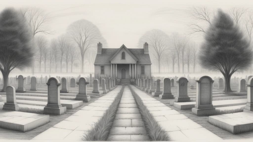 A detailed pencil sketch depicting a stark, quiet cemetery with rows of identical gravestones next to a house engulfed in rising flames. No text, no logos.