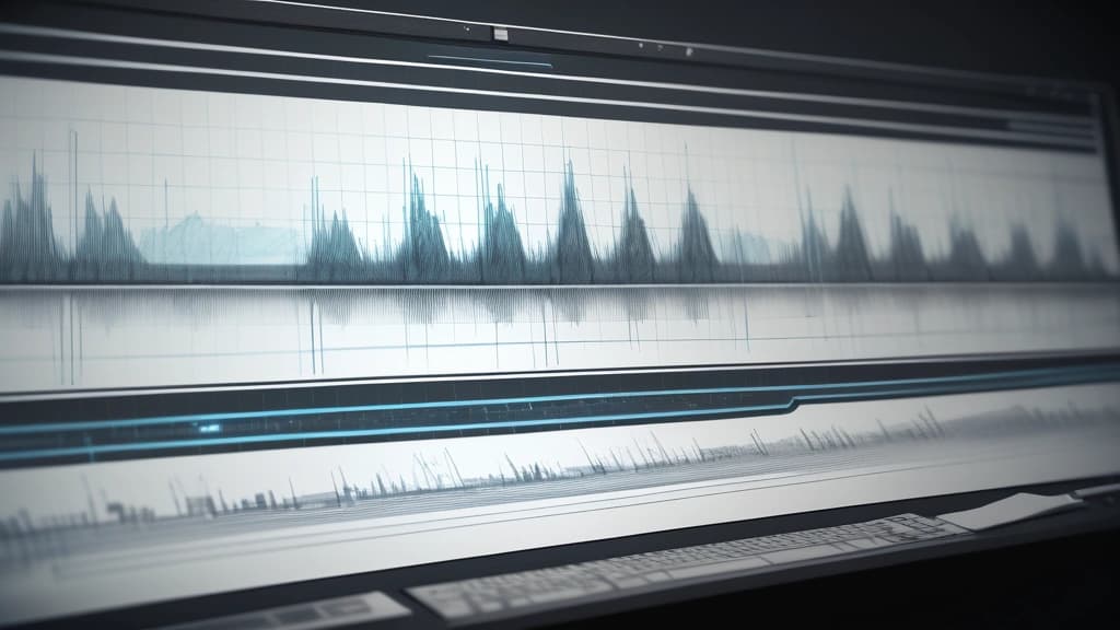 Pencil sketch of an intricate video editing timeline displayed on a drafting board, showing layered soundtrack waveforms, transition blocks, and a storyboard outline of a stylized digital avatar. No text, no logos.