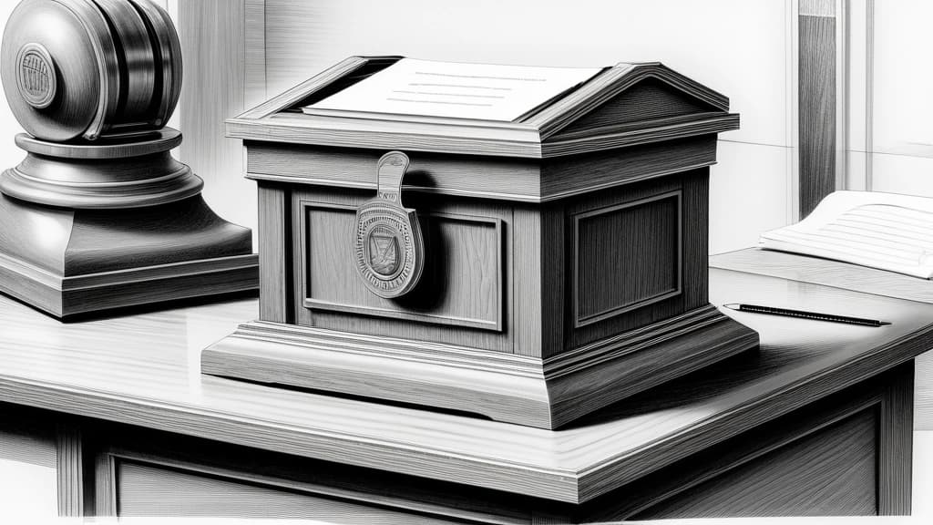 A detailed pencil sketch showing a classic wooden ballot box sitting on a polished desk, with a stack of advanced silicon microchips and a legislative gavel resting beside it. No text, no logos.
