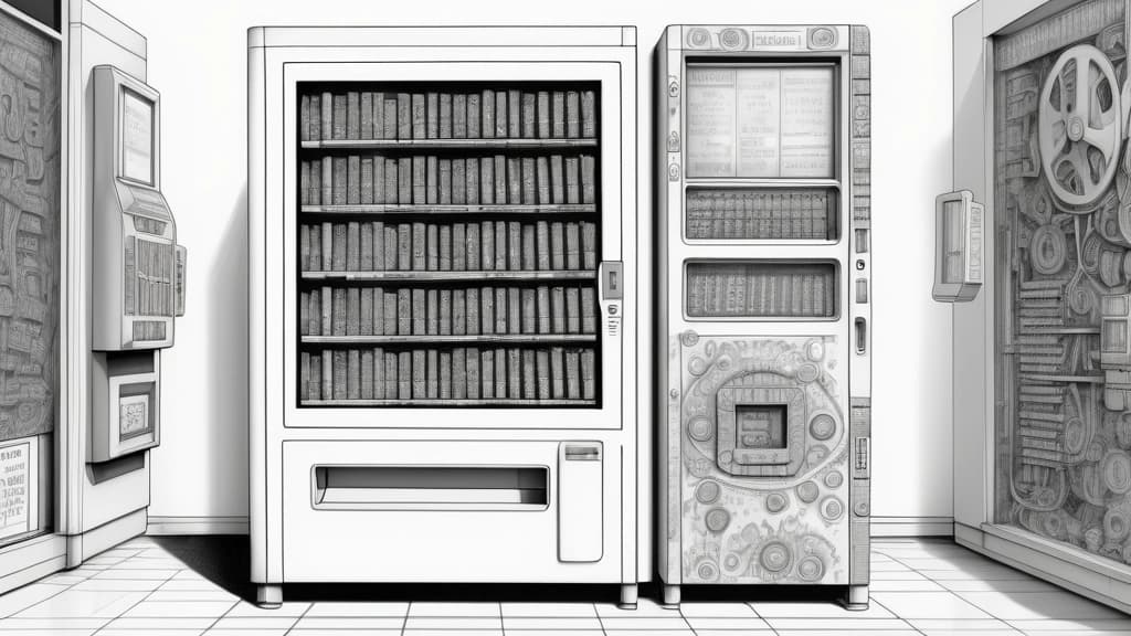 A detailed pencil sketch of an automated vending machine with its digital price screen showing 50 cents, surrounded by loose mechanical gears and faint circuit patterns. No text, no logos.