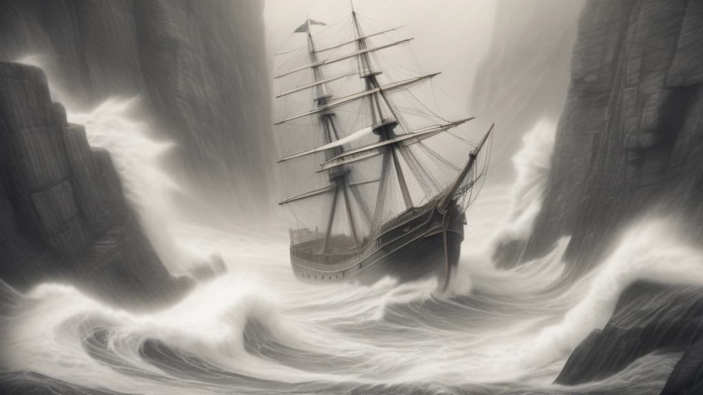 A detailed pencil sketch of a classic wooden ship navigating through a narrow, rocky canyon during a turbulent storm, with high waves crashing against the stone walls. No text, no logos.