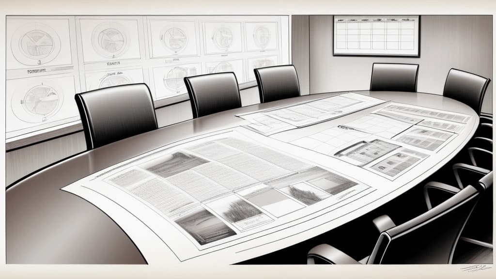 A detailed pencil sketch of a sleek boardroom table holding a printed advertisement storyboard and a calendar page with the month of October circled. No text, no logos.