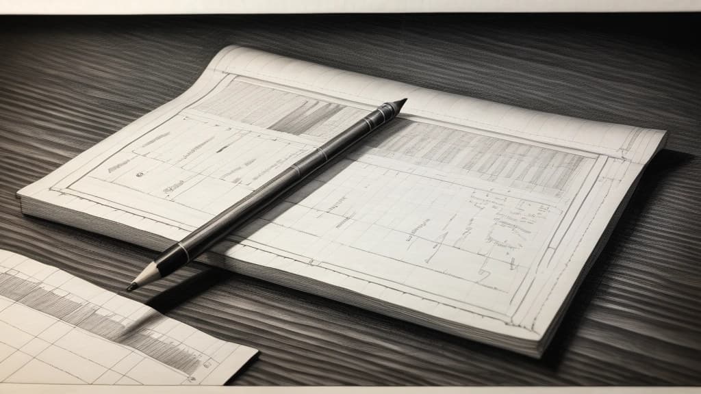 A detailed pencil sketch of an open paper ledger resting on a dark wooden table, with hand-drawn columns and analytical charts representing computational metrics. No text, no logos.