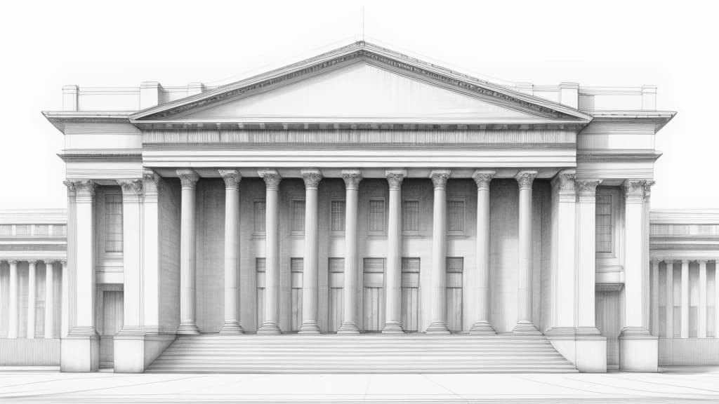 A detailed pencil sketch of a large, blank outdoor advertising billboard standing in front of a grand banking institution with classical columns. No text, no logos.